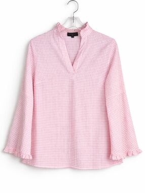 Duffield Lane Feminine Soft Pink White Gingham Ruffle Neck Bell Sleeve Blouse